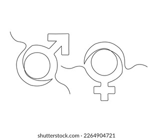 Continuous one line drawing of male and female gender symbol. simple gender sign line art vector illustration.