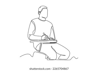 Continuous one line drawing male students are focusing on taking notes in class. Class in action concept. Single line draw design vector graphic illustration.