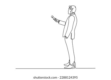 Continuous one line drawing male news anchor stands with a microphone. News anchor concept. Single line draw design vector graphic illustration.