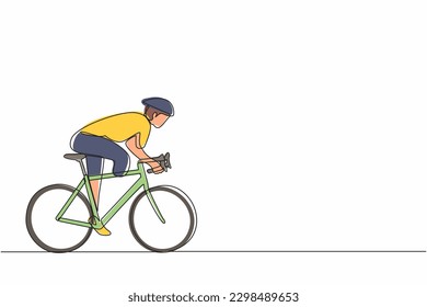 Continuous one line drawing male athlete cyclist with physical disabilities in action at championship. Concept for sport, summer disability games, recovery. Single line draw design vector illustration