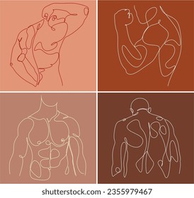 Continuous one line drawing of male figure printable wall art set. Drawing of a man's body. Nude abstract portrait in one line. Minimalistic design.