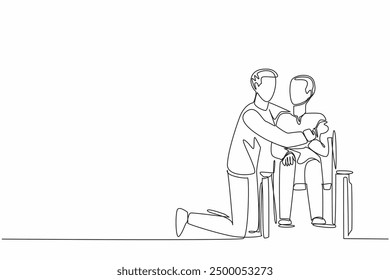 Continuous one line drawing male caregiver kneels and hugs old grandfather sitting in wheelchair. Provide psychological support. Caregiver Appreciation Day. Single line draw design vector illustration