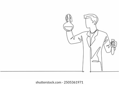 Continuous one line drawing male scientist holding test tube and measuring flask. Chemists conduct experiments. Working seriously. Celebrate Scientists Day. Single line draw design vector illustration