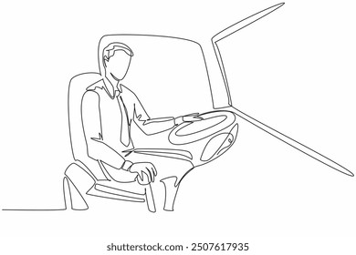 Continuous one line drawing male driver holding bus transmission. Ready to pick up passengers at various stops. Worker. Transit Driver Appreciation Day. Single line draw design vector illustration