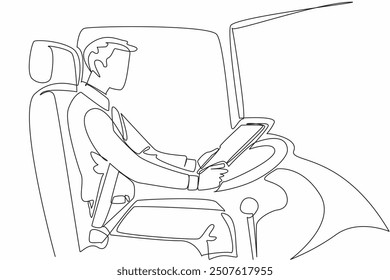 Continuous one line drawing male driver holding clipboard. Professional in working. Checking all data. Impressive journey. Transit Driver Appreciation Day. Single line draw design vector illustration