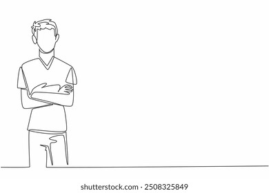 Continuous one line drawing male nurse crosses arms in front of chest. Pose. Medical personnel. Always give the best for patients. Certified Nurses Day. Single line draw design vector illustration