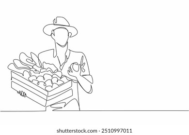 Desenho contínuo de uma linha masculino agricultor carregando caixa de madeira contendo legumes. Que época de colheita maravilhosa. Bênçãos. Dia Nacional da Agricultura. Ilustração de vetor de design de desenho de linha única