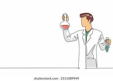 Kontinuierliche einzeilige Zeichnung männlichen Wissenschaftler halten Reagenzglas und Messkolben. Chemiker führen Experimente durch. Ernsthaft arbeiten. Feiern Sie den Tag der Wissenschaftler. Vektorgrafik mit einfarbiger Zeichnung