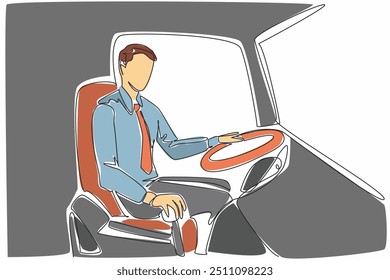 Continuous one line drawing male driver holding bus transmission. Ready to pick up passengers at various stops. Worker. Transit Driver Appreciation Day. Single line draw design vector illustration