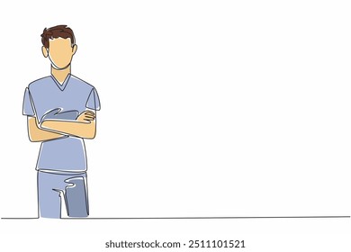 Continuous one line drawing male nurse crosses arms in front of chest. Pose. Medical personnel. Always give the best for patients. Certified Nurses Day. Single line draw design vector illustration