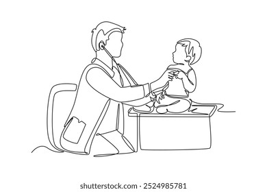 Continuous one line drawing male pediatric doctor examining heart beat of cute toddler boy patient with stethoscope. Medical health care treatment. Single line draw design vector graphic illustration