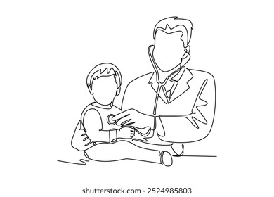 Continuo una línea que dibuja el doctor pediátrico masculino que examina el latido del corazón del paciente lindo del niño con el estetoscopio. Tratamiento médico. Ilustración gráfica de Vector de diseño de línea única