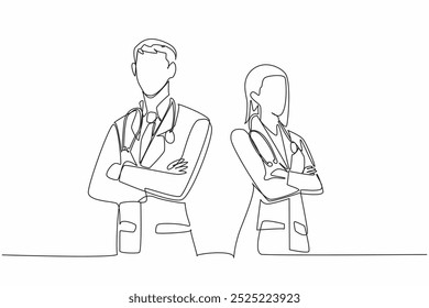 Continuous one line drawing male and female doctors pose with crossed arms with stethoscopes around necks. 24 hours standby. The national of doctor day. Single line draw design vector illustration