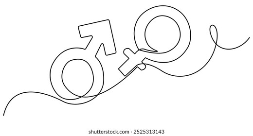 Dibujo continuo de una línea de símbolos masculinos y femeninos. Dibujo de una línea de iconos de signos de género masculinos y femeninos. Ilustración vectorial de una sola línea. Fondo blanco aislado