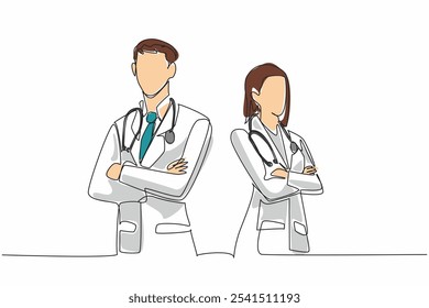 Continuous one line drawing male and female doctors pose with crossed arms with stethoscopes around necks. 24 hours standby. The national of doctor day. Single line draw design vector illustration