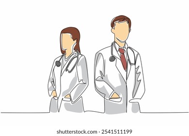 Una línea continua que dibuja a médicos hombres y mujeres ponen sus manos en los bolsillos de sus uniformes. Sirva con el corazón. Sincero. El día nacional del doctor. Ilustración vectorial de diseño de dibujo de línea única