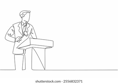 Continuous one line drawing male auctioneer standing at wooden podium with wooden hammer. Get ready to count down to best deals. National Auctioneers Day. Single line draw design vector illustration