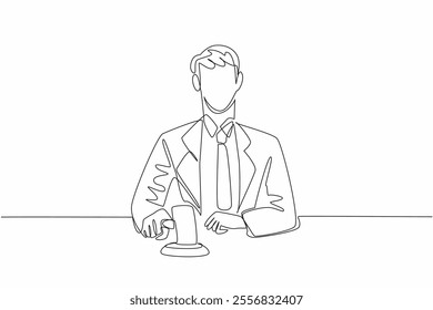 Continuous one line drawing male auctioneer in suit and tie holding and tapping wooden hammer on its pad. Auction opening symbol. National Auctioneers Day. Single line draw design vector illustration