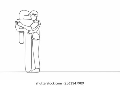 Continuous one line drawing a male plumber hugging each other with a big wrench. A loyal friend who is always there. The expert. National Hug A Plumber Day. Single line draw design vector illustration