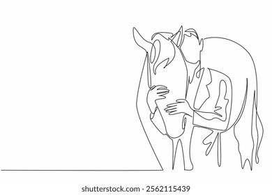 Continuous one line drawing male veterinarian hugging horse head. Gently stroke the head before performing the check. Profession. National Help A Horse Day. Single line draw design vector illustration