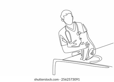 Continuous one line drawing male veterinarian embracing cat sitting on treatment bed. Showing affection. Caring with full affection. World Veterinary Day. Single line draw design vector illustration