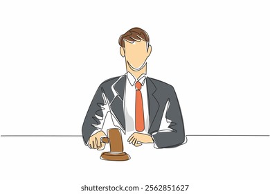 Continuous one line drawing male auctioneer in suit and tie holding and tapping wooden hammer on its pad. Auction opening symbol. National Auctioneers Day. Single line draw design vector illustration