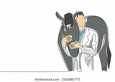 Continuous one line drawing male veterinarian hugging horse head. Gently stroke the head before performing the check. Profession. National Help A Horse Day. Single line draw design vector illustration