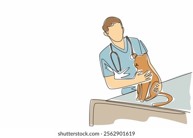 Continuous one line drawing male veterinarian embracing cat sitting on treatment bed. Showing affection. Caring with full affection. World Veterinary Day. Single line draw design vector illustration