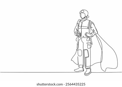 Continuous one line drawing male firefighter in full uniform and wings holding waist. Hero who fights when fire devours buildings. National Superhero Day. Single line draw design vector illustration