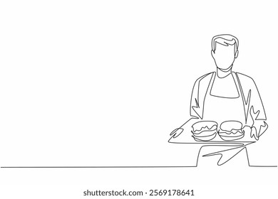 Continuous one line drawing male waitress wearing a yellow apron, both hands holding a tray of burgers. Orders will deliver to table. School Lunch Hero Day. Single line draw design vector illustration