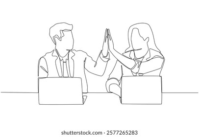 Continuous one line drawing of male and female employees making high five gesture while working with laptops, teamwork and encouragement for work concept, single line art