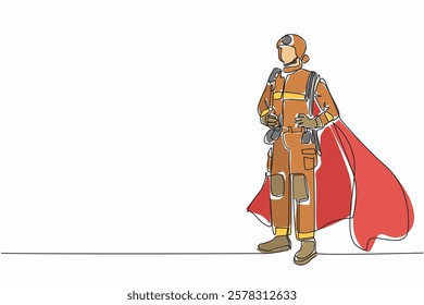 Continuous one line drawing male firefighter in full uniform and wings holding waist. Hero who fights when fire devours buildings. National Superhero Day. Single line draw design vector illustration