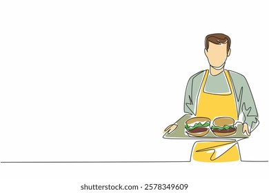 Continuous one line drawing male waitress wearing a yellow apron, both hands holding a tray of burgers. Orders will deliver to table. School Lunch Hero Day. Single line draw design vector illustration