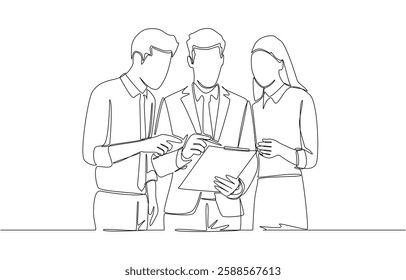 Continuous one line drawing of male employee asking colleagues for advice about work, work discussion at office concept, single line art