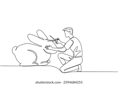 Continuous one line drawing male gardener kneels holding a tree shears shaping a tree into a rabbit. Amazing art. Creativity and hobbies. World Topiary Day. Single line draw design vector illustration