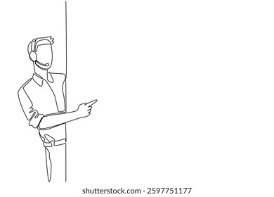 Continuous one line drawing male customer support wearing headphones with mic appears from behind the wall. Busy day. International Customer Support Day. Single line draw design vector illustration