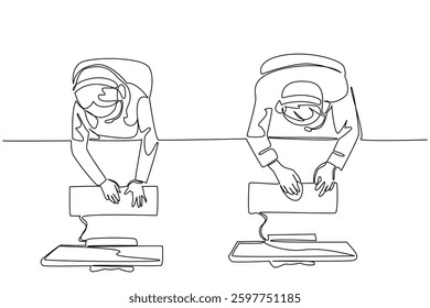 Continuous one line drawing male and female customer support wearing headphones sitting while typing. Work together. International Customer Support Day. Single line draw design vector illustration