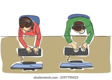 Continuous one line drawing male and female customer support wearing headphones sitting while typing. Work together. International Customer Support Day. Single line draw design vector illustration