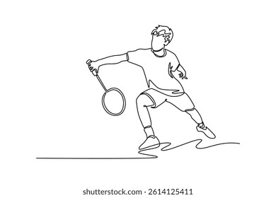 Continuous one line drawing male badminton player get ready to receive shuttlecock from opponent. Athlete are playing defense with backhand method. Single line draw design vector graphic illustration