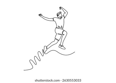 Continuous one line drawing male athlete performing long jump on race track in athletics stadium. Sport, action, motion, speed, healthy lifestyle. Single line draw design vector graphic illustration