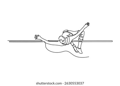 Continuous one line drawing male high jumper athlete training on outdoor stadium for competition. Health, endurance or practice. Cardio exercise or contest. Single line draw design vector illustration