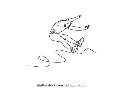 Continuous one line drawing male long jumper and triple jumper in the air with his legs parallel to sand getting ready to land during a competition. Single line draw design vector graphic illustration
