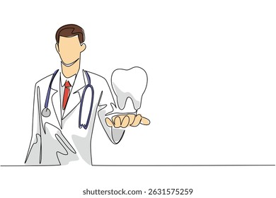 Continuous one line drawing male doctor holding a large tooth and pointing it forward. Example of well maintained teeth. Maintenance. National Dentist Day. Single line draw design vector illustration