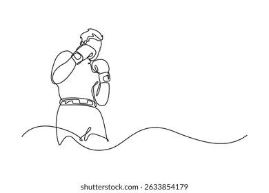 Desenho contínuo de uma linha boxeador masculino praticando esquiva soco durante sessão de treinamento no ginásio. Exercício de boxe para o campeonato nacional. Ilustração gráfica vetorial de design de desenho de linha única