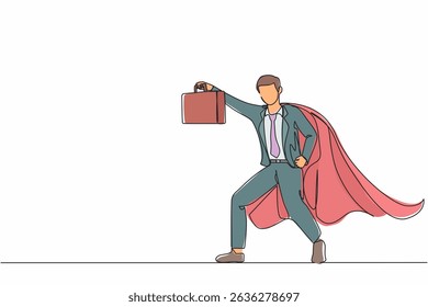 Continuous one line drawing male businessman superhero standing with suitcase. Portrait of young office worker. Office, business, employee concept. Single line draw design vector graphic illustration