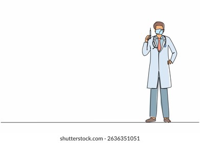 Continuous one line drawing male doctor holding medical injection syringe. Doctor wearing protective medical mask and gloves holding syringe in hand. Single line design graphic vector illustration