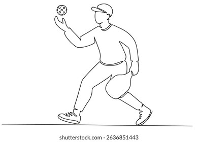 Continuous one line drawing of  male pickleball player silhouette and  dynamic moving ball isolated on white background.