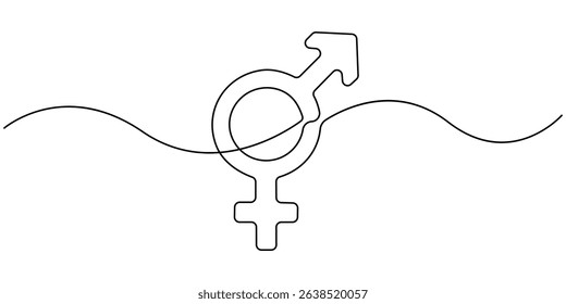 Continuous one line drawing of male and female gender symbol. vector illustration, Male gender icon line continuous drawing vector. One line Male gender icon vector background. Male gender. Continuous