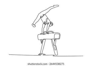 Continuous one line drawing male athlete doing complicated exciting trick on pommel horse in professional gym. Man perform stunt in sports clothes. Single line draw design vector graphic illustration