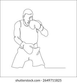 Continuous one line drawing of a male boxer in fighting stance, wearing boxing gloves and shorts, isolated on white background.